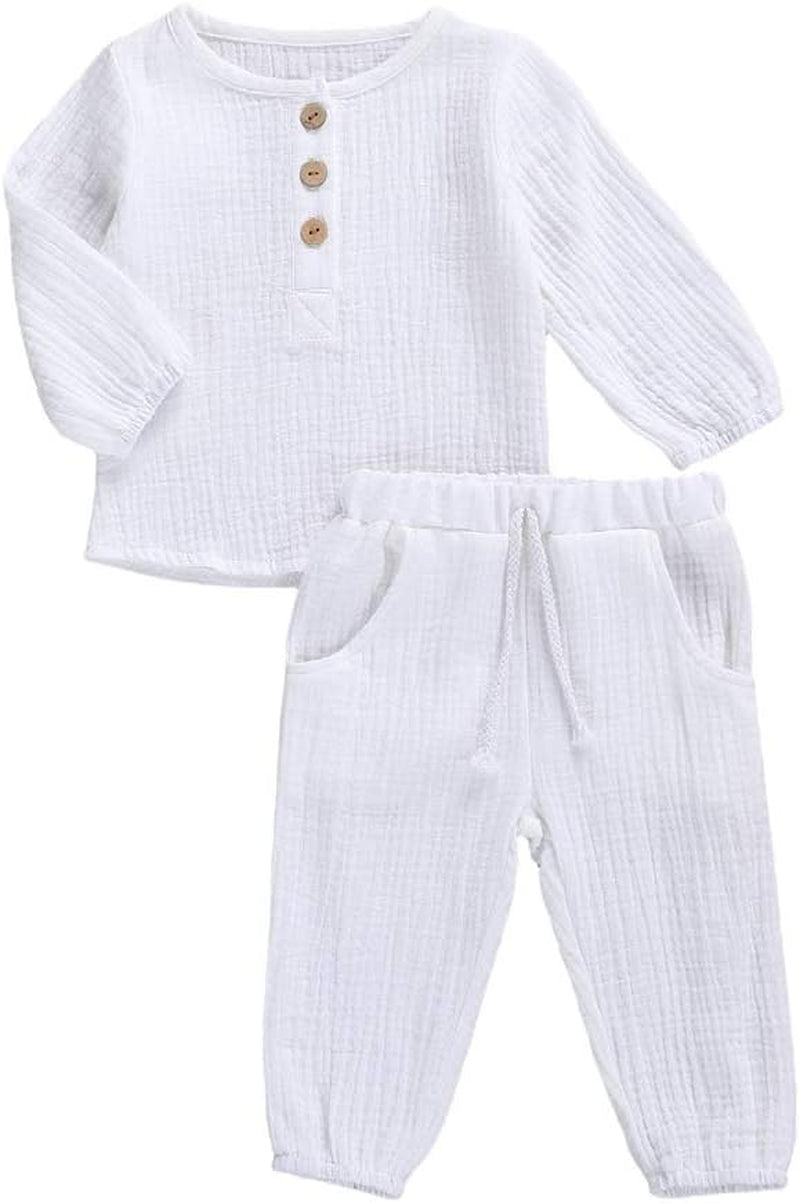 Toddler Baby Boy Girl Cotton Linen Pants Set Solid Long Sleeve T Shirt Top Drawstring Elastic Waist Pants Outfit